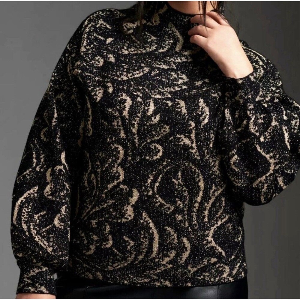 Anthropologie Beatriz Mock Neck Metallic Floral Gold Sweater Women L Large Mint